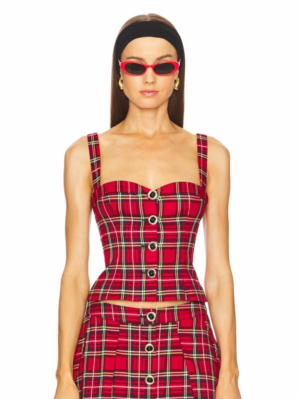 Majorelle Revolve Red Plaid Shane Button Front Fitted Sleeveless Top Size XS NWT